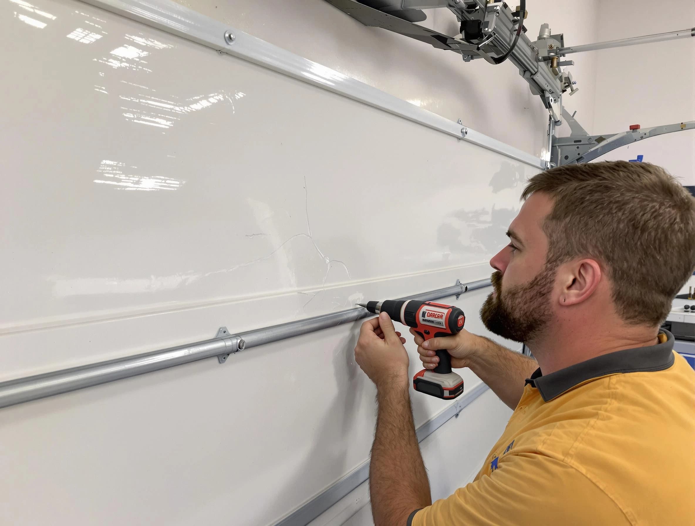 Miami Garage Door Repair expert performing dent repair on garage door in Miami