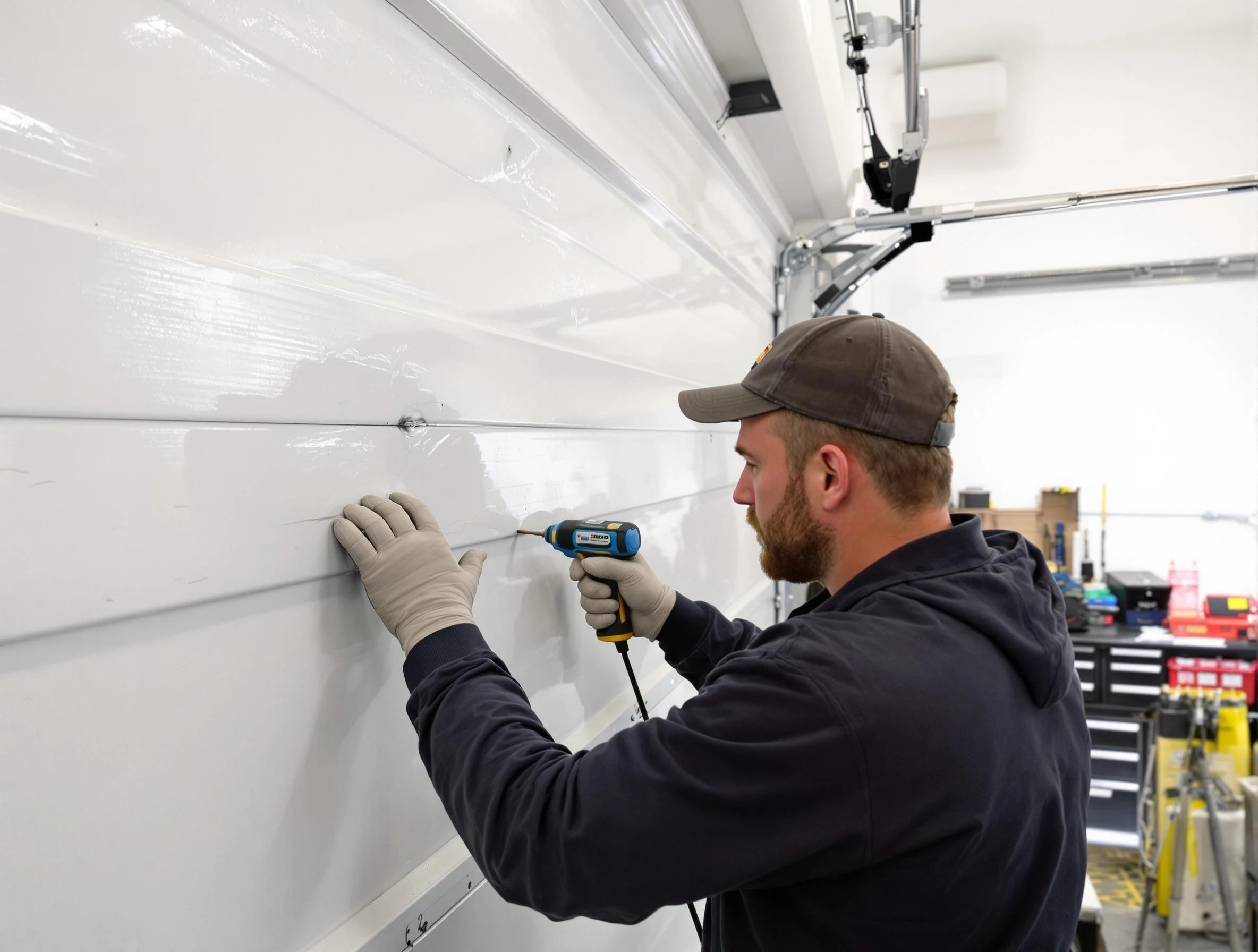 Miami Garage Door Repair technician demonstrating precision dent removal techniques on a Miami garage door