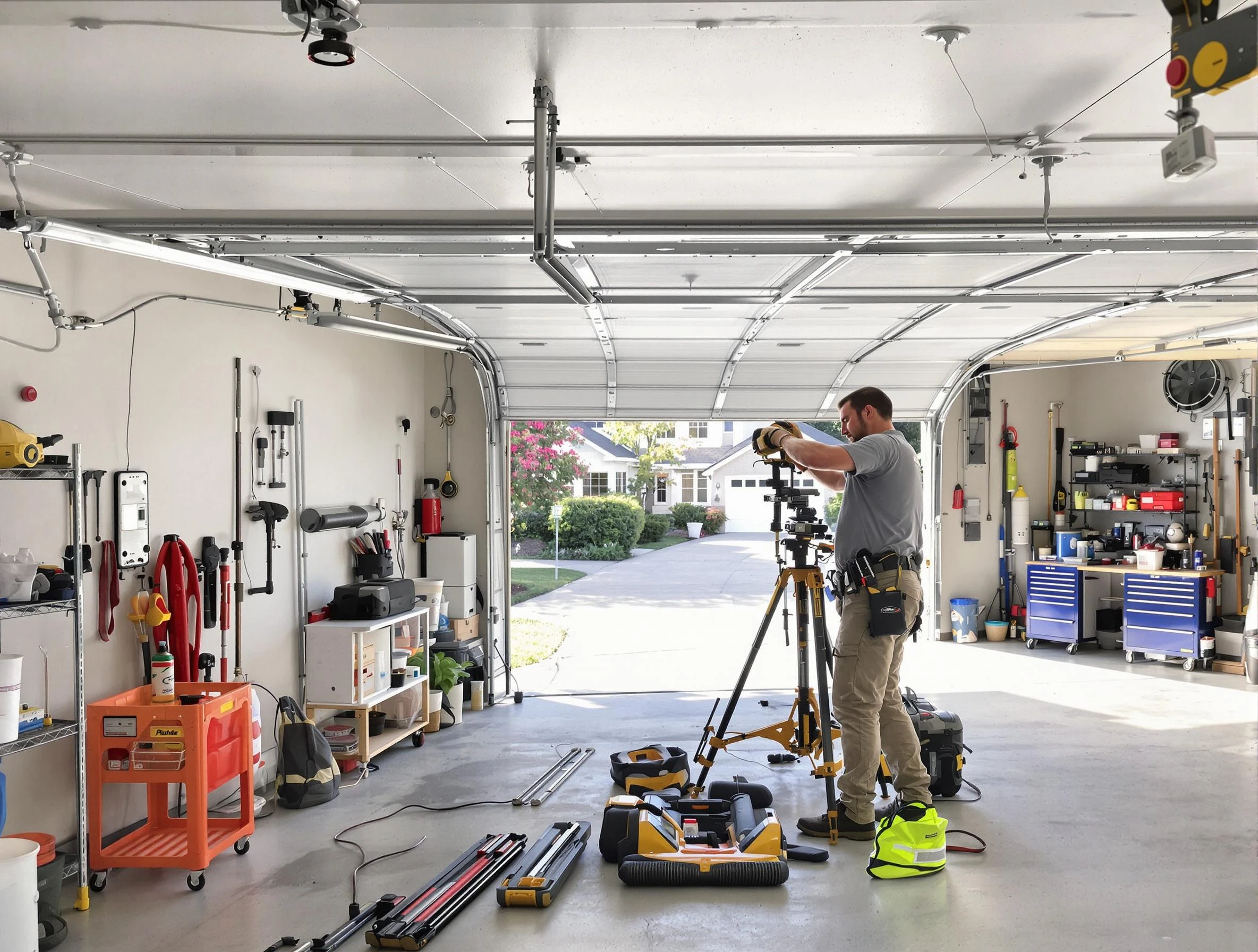 Miami Garage Door Repair specialist performing laser-guided track alignment in Miami